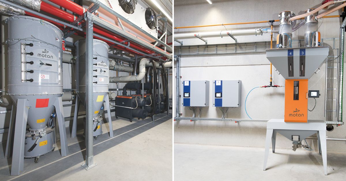 Vakuumerzeuger und Filter der Zentralvakuum-Anlage (links) und Dosier- und Mischstation (rechts)
