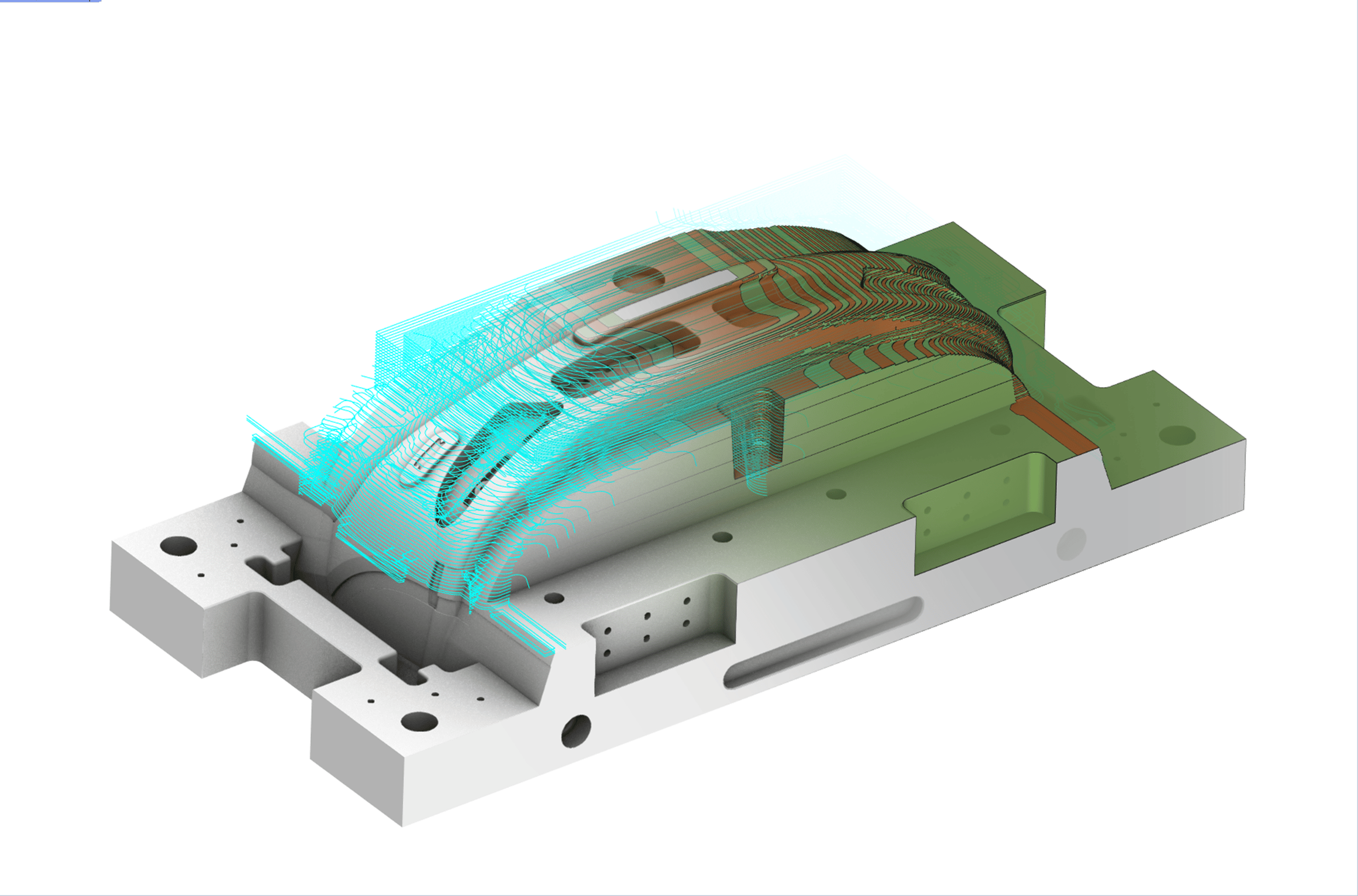 <p>Das Bild zeigt eine digitale Darstellung eines Bauteils, wahrscheinlich im Rahmen einer CAM-Simulation (Computer-Aided Manufacturing). Es sind Werkzeugwege zu sehen, die entlang der Oberflächen des Bauteils verlaufen. Die verschiedenen Farben und Transparenzen deuten auf die Bearbeitungsstrategie und Materialabtrag an. Diese Art der Visualisierung hilft Ingenieuren und Programmierern, die Effizienz und Genauigkeit des Bearbeitungsprozesses besser zu verstehen und zu optimieren.<p>