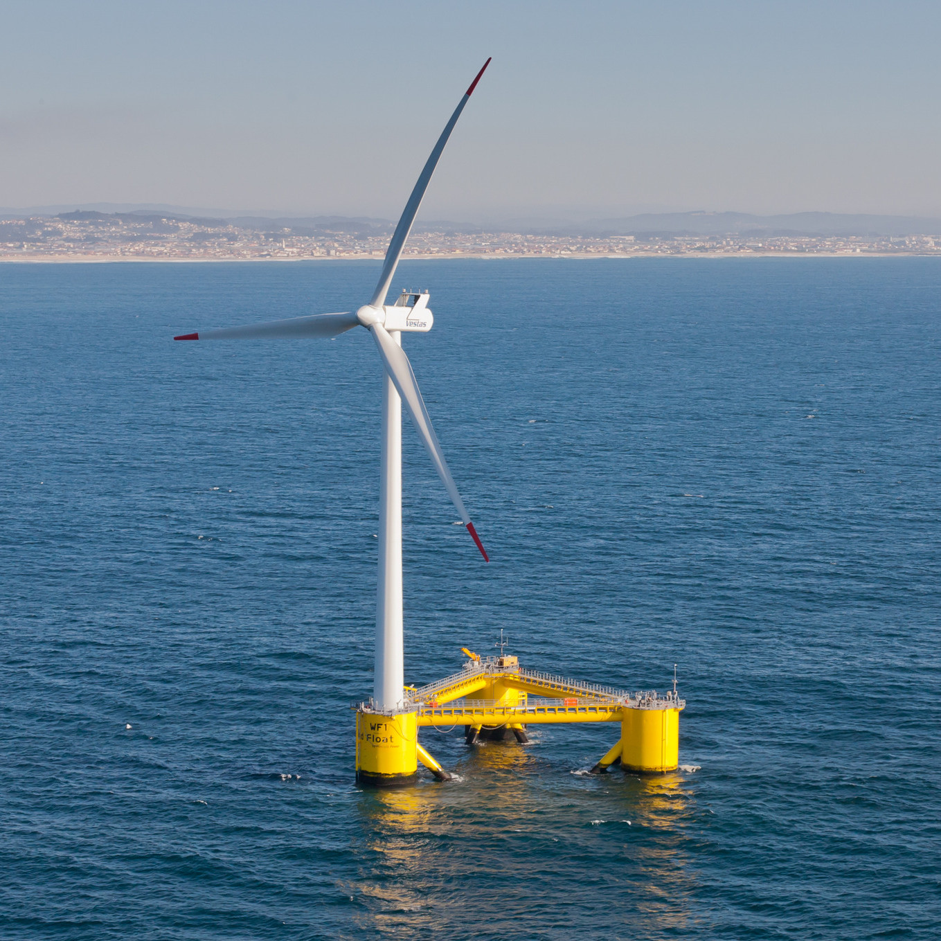 Semi-submersible type floating offshore wind turbine foundation called the WindFloat operating at rated capacity (2MW) approximately 5km offshore of Agucadoura, Portugal.
