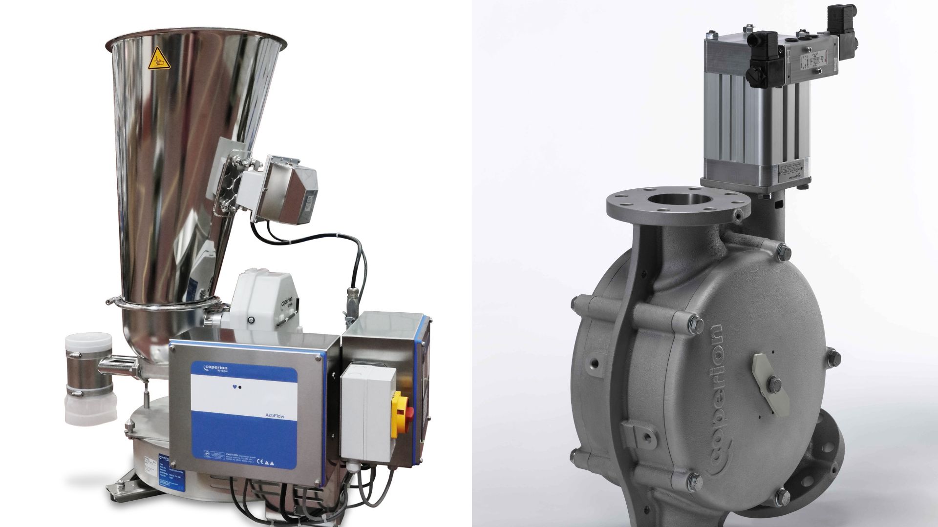 Das Bild zeigt einen Coperion K-Tron K2-ML-D5-T35 Dosierer (links) und eine Zweikanalweiche WZK (rechts).