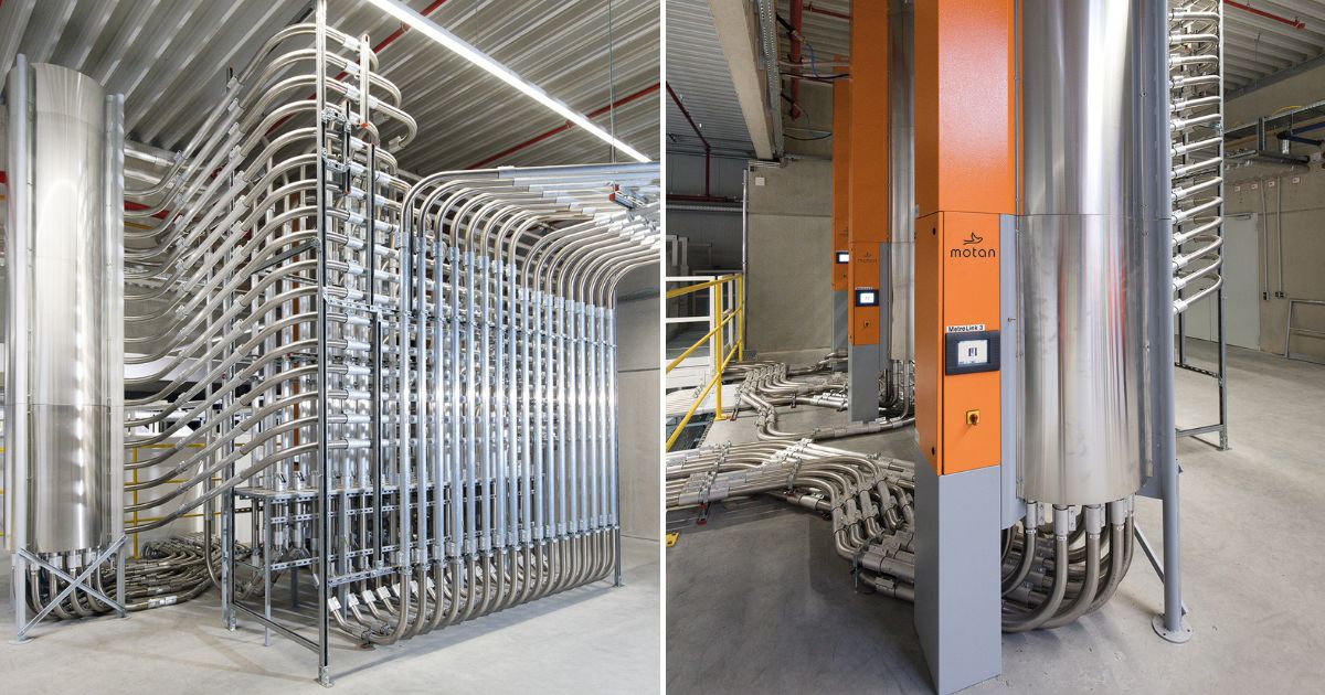 Links: Zwei vollautomatische Kupplungsbahnhöfe des Typs Metrolink ziehen Material aus 24 Silos und verteilen es über knapp 2000 Meter Rohrleitungen an die Extruder. 