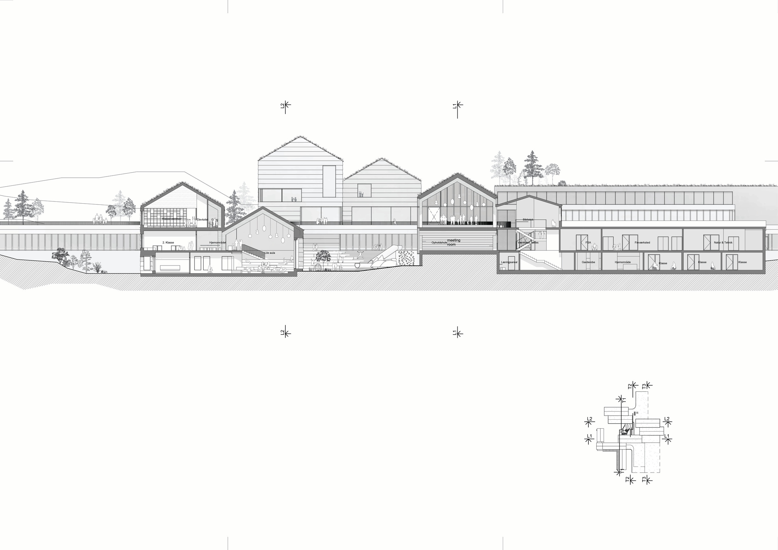 Glyvra-Schule, Färöer-Inseln, Schnitt, Umbau von Henning Larsen Architekten