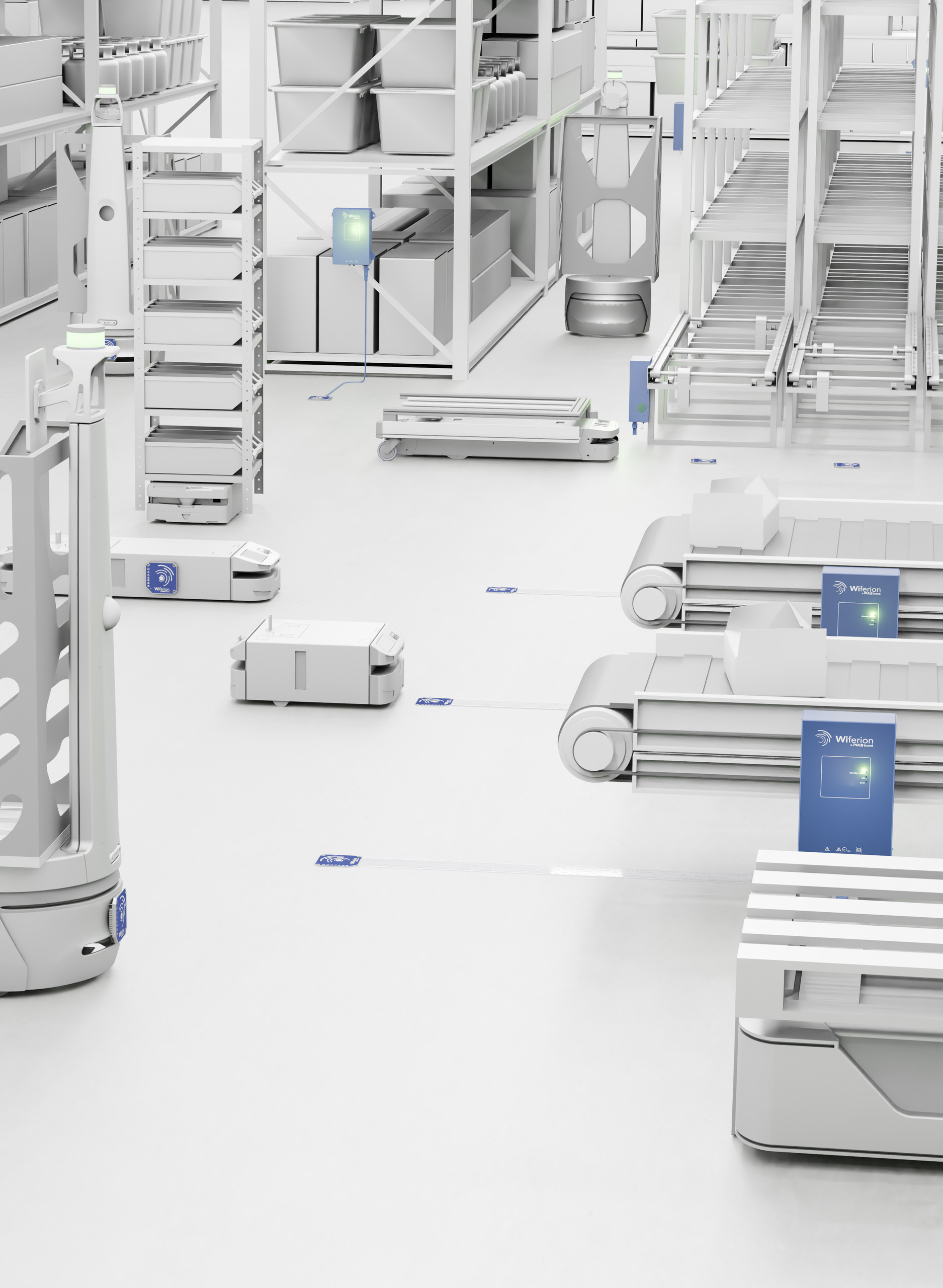 <p>Man sieht: Vertikale Ansicht einer automatisierten Logistikumgebung, in der mehrere FTS und mobile Roboter an Förderbändern und Regalen über kabellose Wiferion-Ladestationen mit Energie versorgt werden.<p>