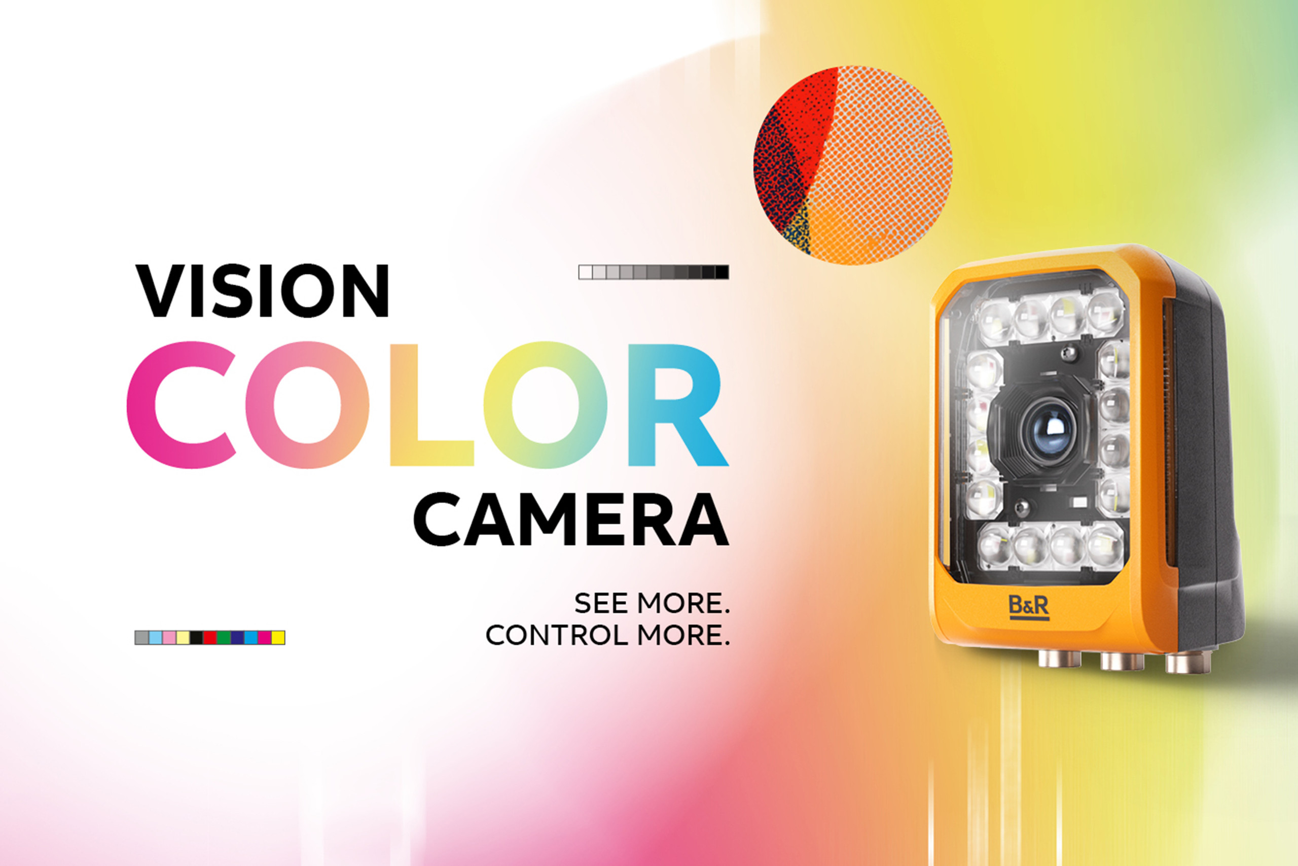 Ein Schritt Richtung autonome Vision-Systeme: Die B&R Color Camera vereint hohe Farbgenauigkeit mit schneller Datenverarbeitung zur Optimierung zentraler Produktionskennzahlen. <p>Man sieht die B&R Color Camera zur Erkennung von Druckmarken.<p>