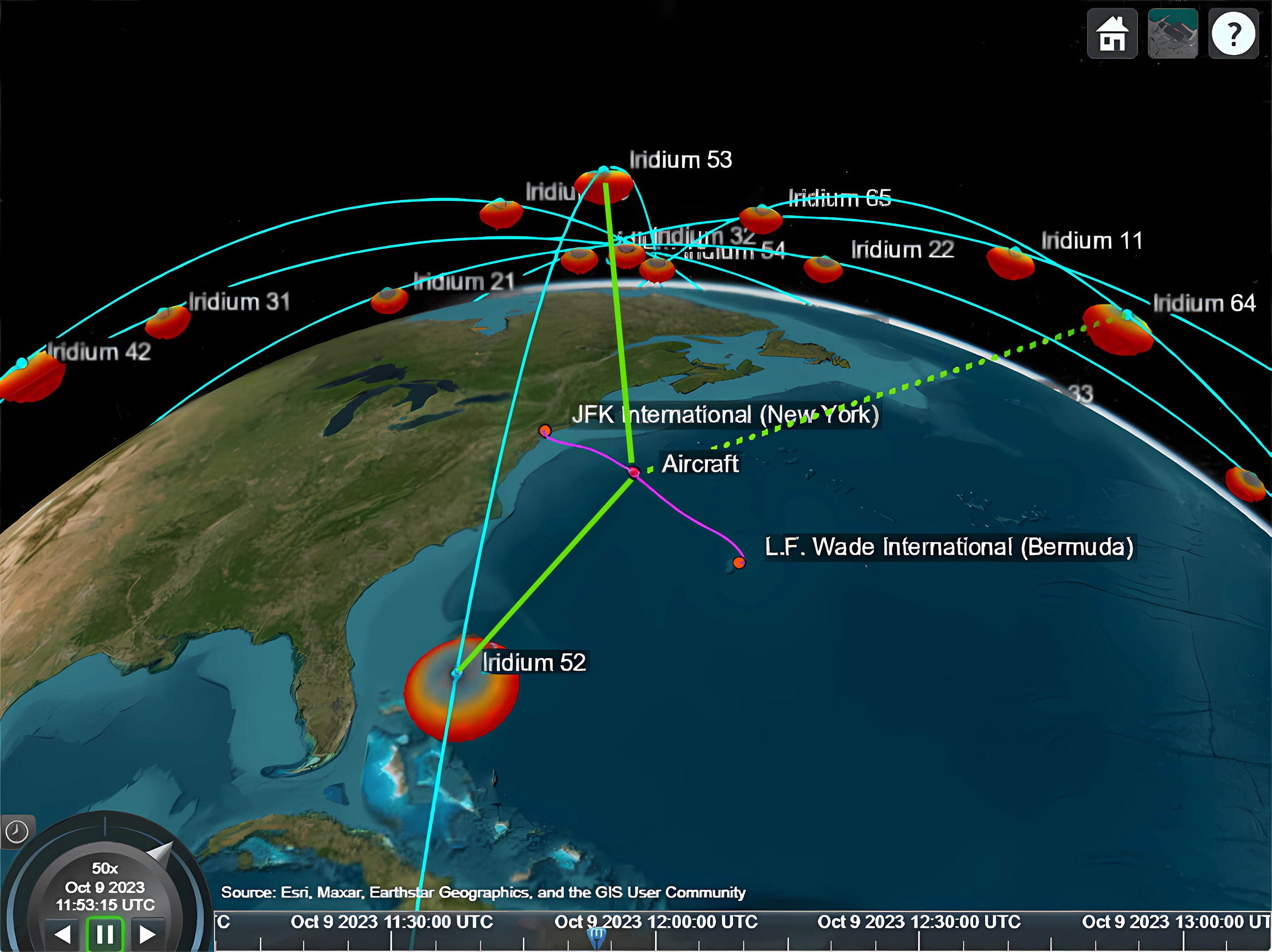 Trends im Engineering: Satelliten-Relay-Pfade und Flugzeugverfolgung, dargestellt in einer Echtzeitsimulation der Iridium-Satellitenbahnen und Verbindungen zu Bodenstationen. 
