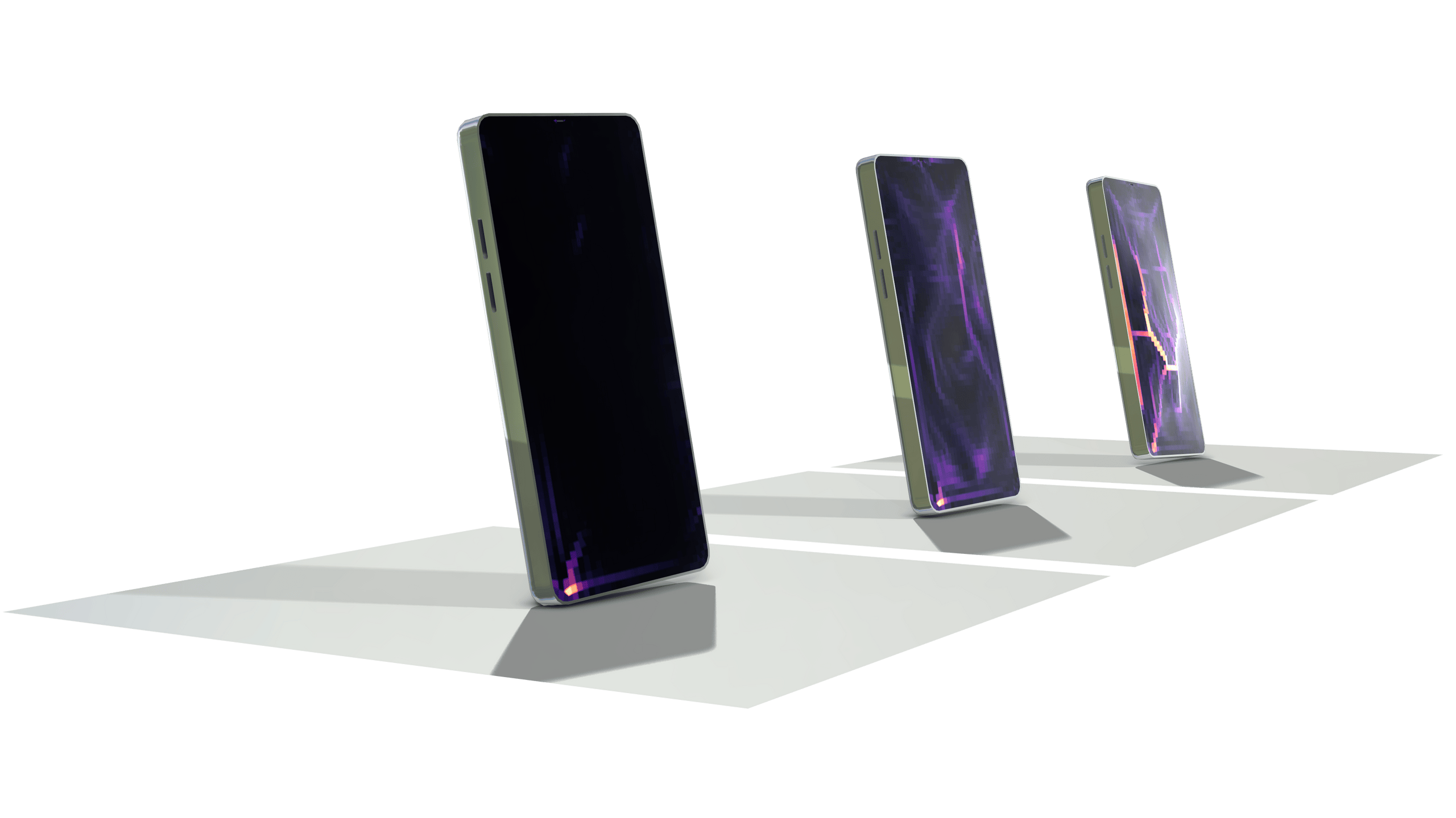 <p>Im Bild: Drei aufrecht stehende Smartphones auf grauen Podesten vor schwarzem Hintergrund; die Displays zeigen abstrakte violett‑pinke Visualisierungen, die Geräte werfen lange Schatten.<p>