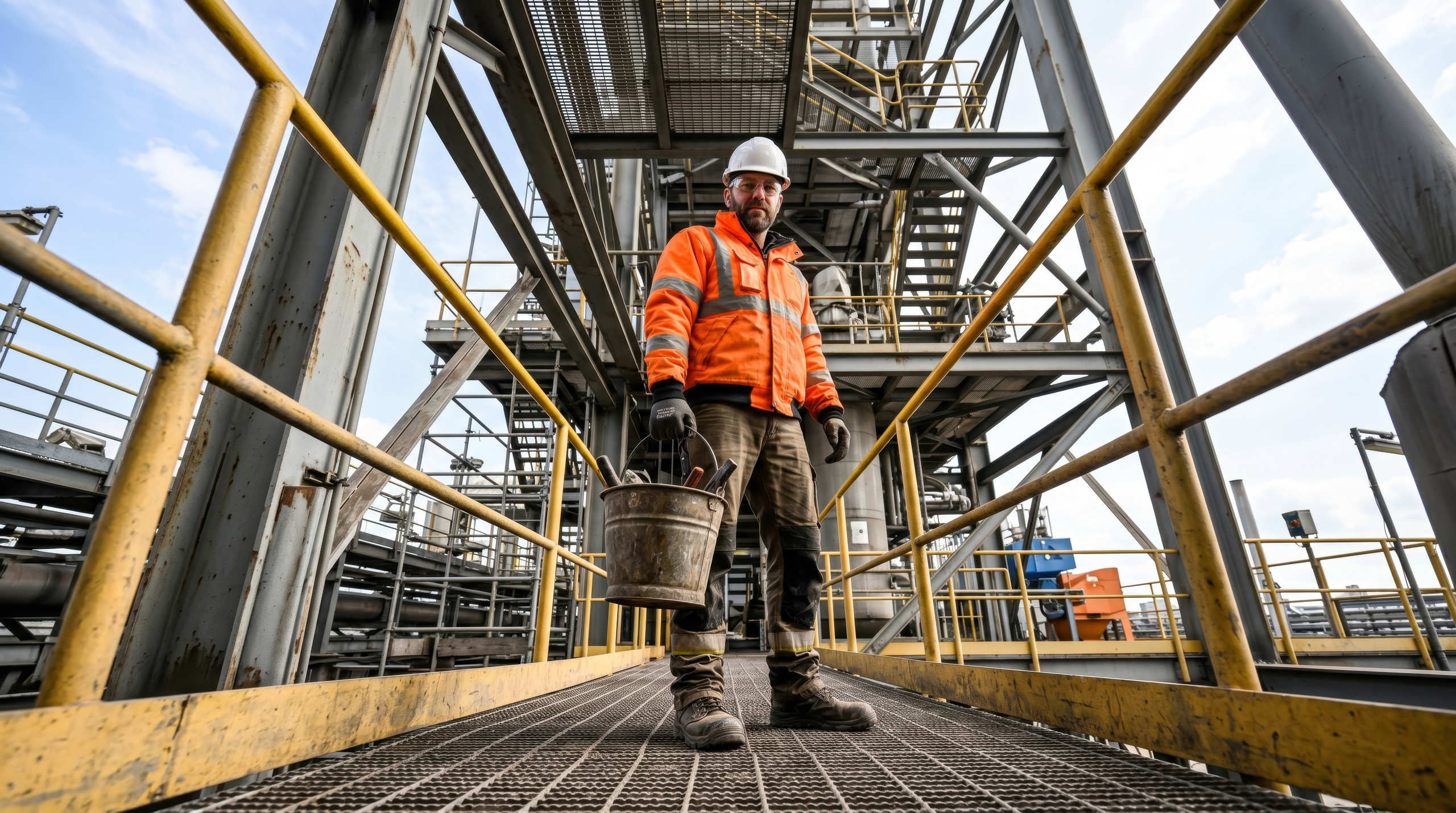 <p>Man sieht: Arbeiter in orangener Schutzjacke und Schutzhelm steht auf einer Gitterplattform zwischen gelben Geländern, hält einen Eimer mit Werkzeugen; im Hintergrund komplexe Stahlkonstruktionen und Treppen.<p>