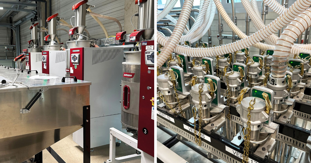 Das Bild zeigt Materialtrockner vom Typ Drymax (links) und den neuen Kupplungsbahnhof (rechts).