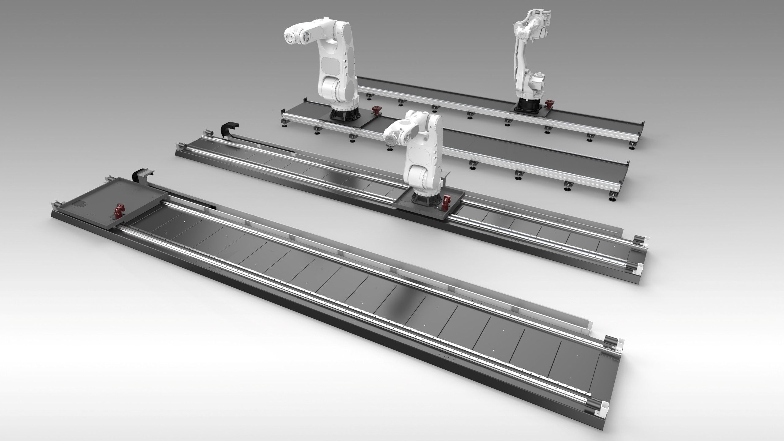 Stahl- und Aluminiumvarianten im Vergleich: Indunorm bietet 7. Achsen für unterschiedliche Traglast- und Robotikanforderungen, von kompakten Cobot-Anwendungen bis hin zu Schwerlastsystemen. <p>08:18 Hier sieht man mehrere Ausführungen modularer Linearverfahrachsen (7. Achsen) in unterschiedlichen Längen und Konfigurationen: Mehrere Bodenmontierte Achsen nebeneinander, teils mit Abdeckblechen/Verkleidungen, teils offen mit sichtbarer Zahnstange und Linearführung. Unterschiedliche Längen/Segmente zeigen Erweiterbarkeit/Modularität. Auf zwei Achsen sind Industrieroboter (als Montagebeispiel) auf Schlittenplatten befestigt — Demonstration des Einsatzprinzips: ein Roboter, mehrere Positionen. Sichtbare Details: kupferfarbene/rote Anschlag- oder Verriegelungselemente, einstellbare Füße, Endplatten mit Verschraubungen, Kugelumlaufführungen/Schienen und Zahnriemen-/Zahnstangenantriebselemente. Darstellung vergleicht kompakte (für Cobots) und robustere Varianten (für höhere Lasten).<p>