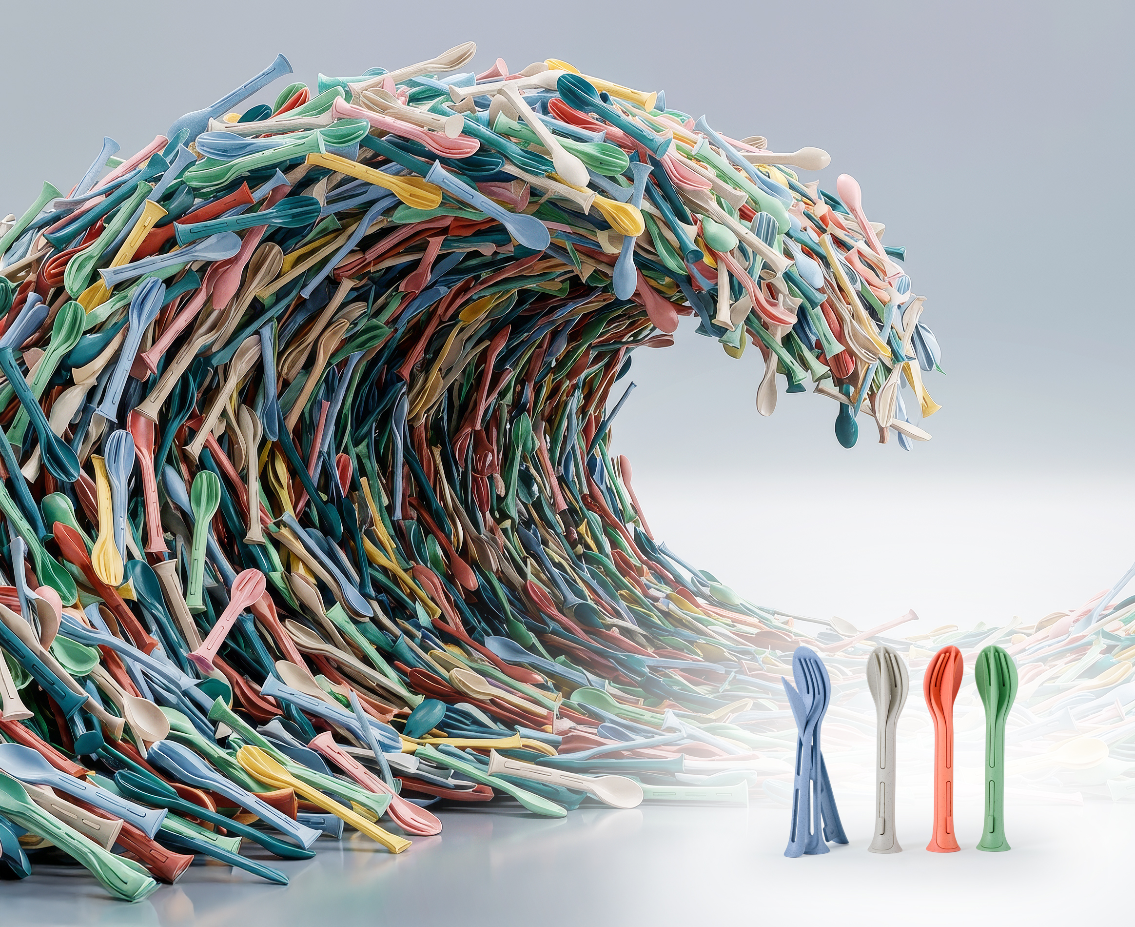 Das Bild zeigt, wie Tsunami an Fälschungen (hinten) das Originalbesteck von Koziol (vorne) überschwemmt.