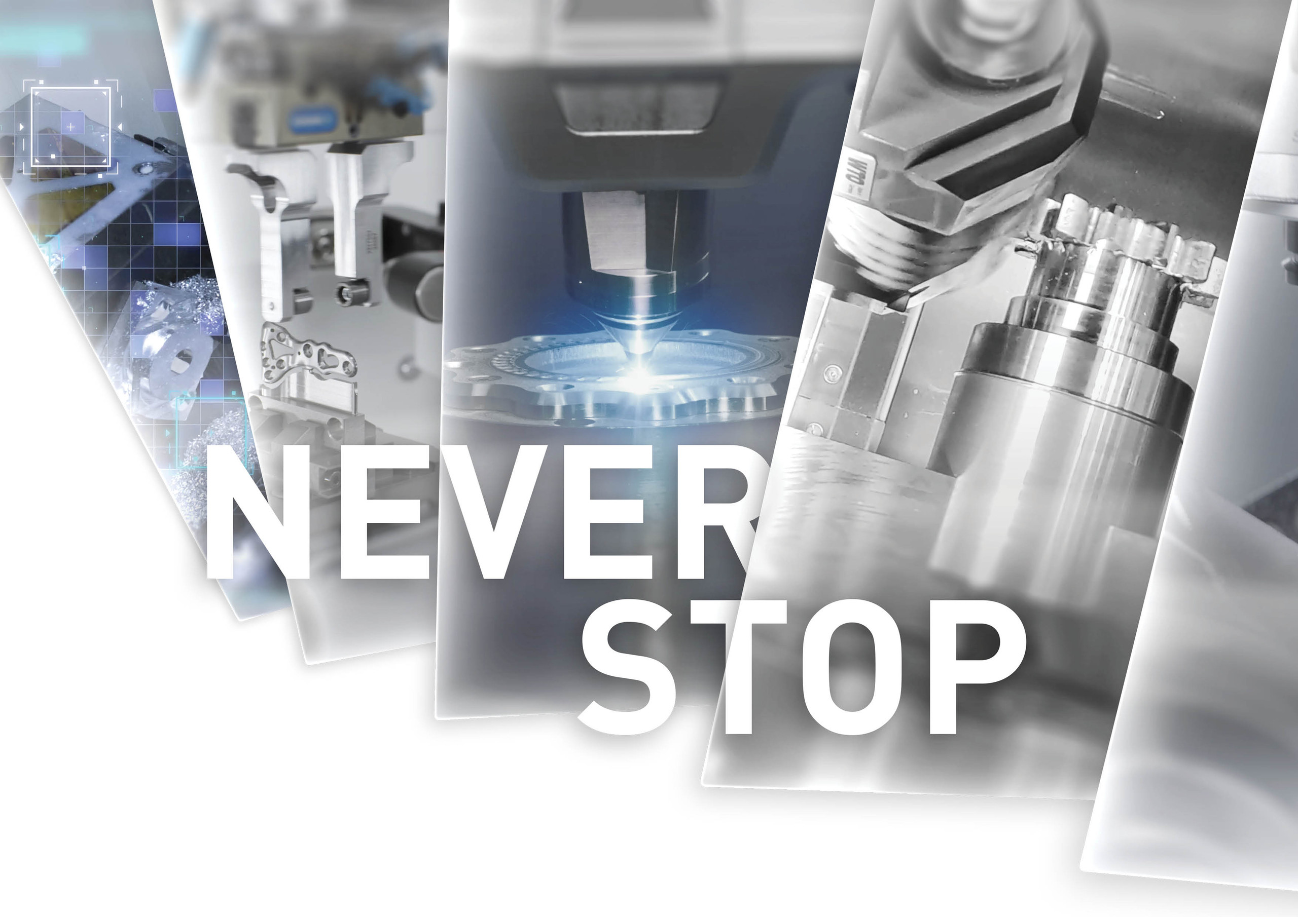 <p>Man sieht: Kampagnen-Motiv von DMG MORI mit dem Schriftzug „NEVER STOP“ über einer Collage verschiedener Technologien wie Digitalisierung, additive Fertigung und moderne Zerspanung.<p>