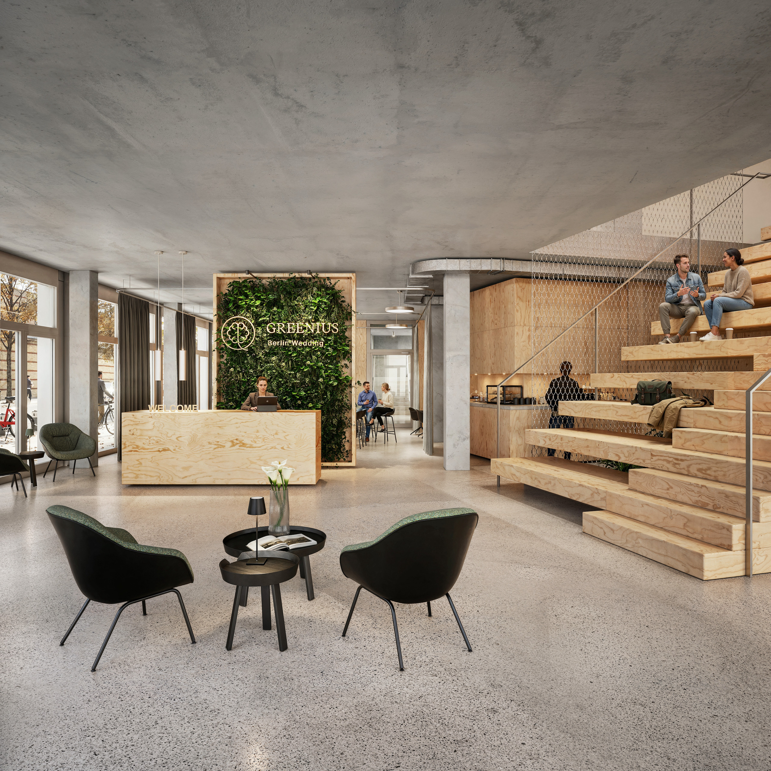 Greenius: Foyer mit Treppe, Sitzgelegenheiten und Menschen