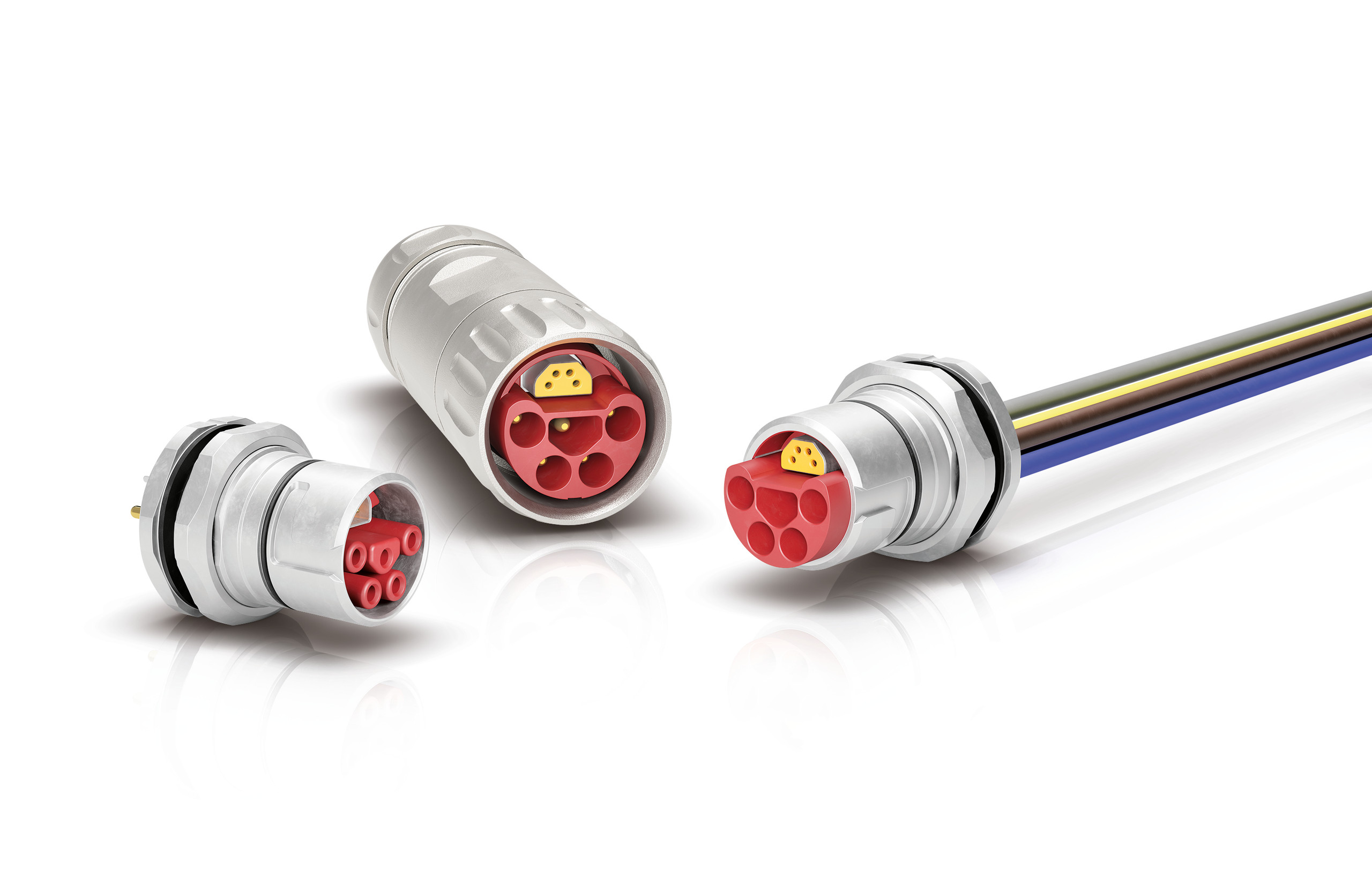 <p>Man sieht: Produktübersicht der hybriden B23 Steckverbinder von Binder: Gezeigt werden verschiedene Bauformen wie Kabelstecker und Flanschdosen, die durch getrennte Kammern Leistung und Ethernet-Daten in einem Gehäuse vereinen.<p>