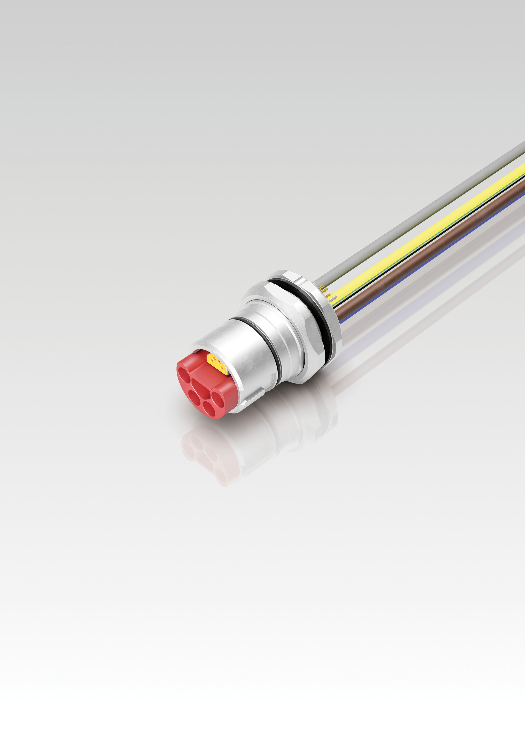 <p>Man sieht: Hybrider B23 Steckverbinder von Binder in der Ausführung als Flanschstecker mit Litzenanschluss. Die kompakte Schnittstelle ist für die gleichzeitige Energie- und Datenübertragung in der dezentralen Automatisierung konzipiert.<p>