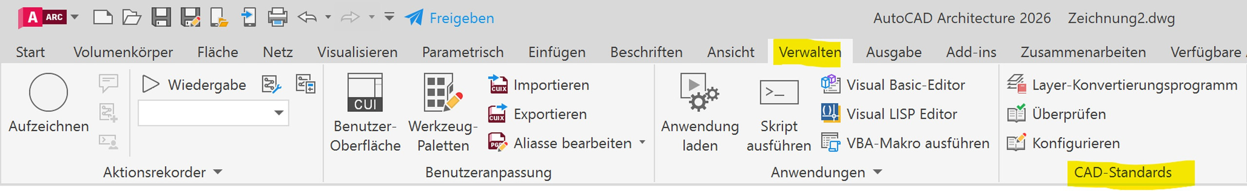Bild 9: Layerkonvertierungsprogramm in der Ribbonleiste von AutoCAD 2026.