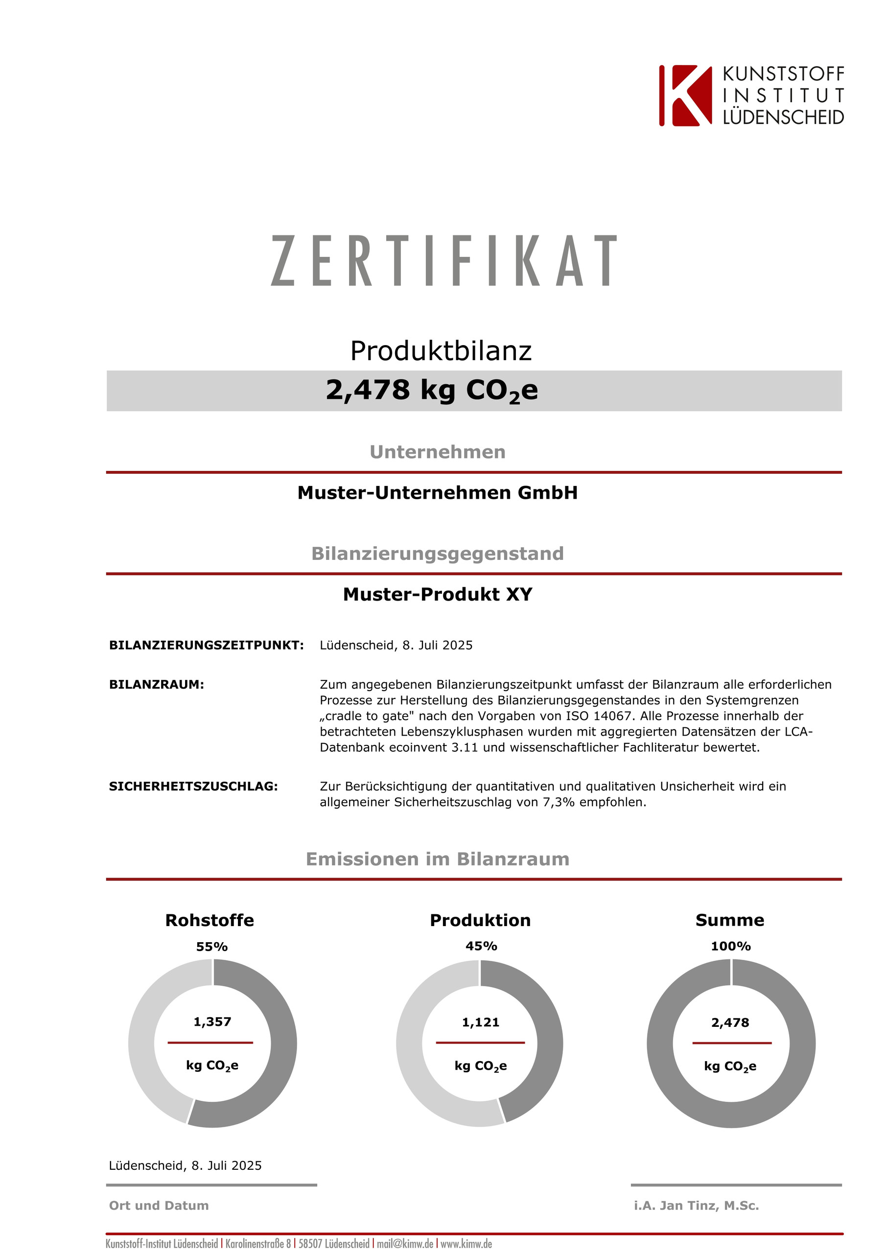 Muster für ein Produkt-Zertifikat