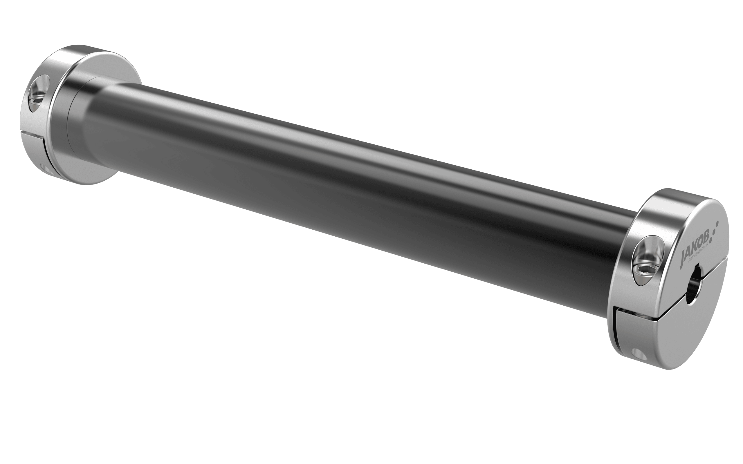 <p>Zu sehen ist eine hochwertige Distanzkupplung aus der Simple Flex Baureihe von Jakob Antriebstechnik. Sie besteht aus einem zylindrischen Rohr in carbonfaserverstärktem Kunststoff (CFK), das durch zwei Naben aus rostfreiem Edelstahl an den Enden stabilisiert wird.<p>