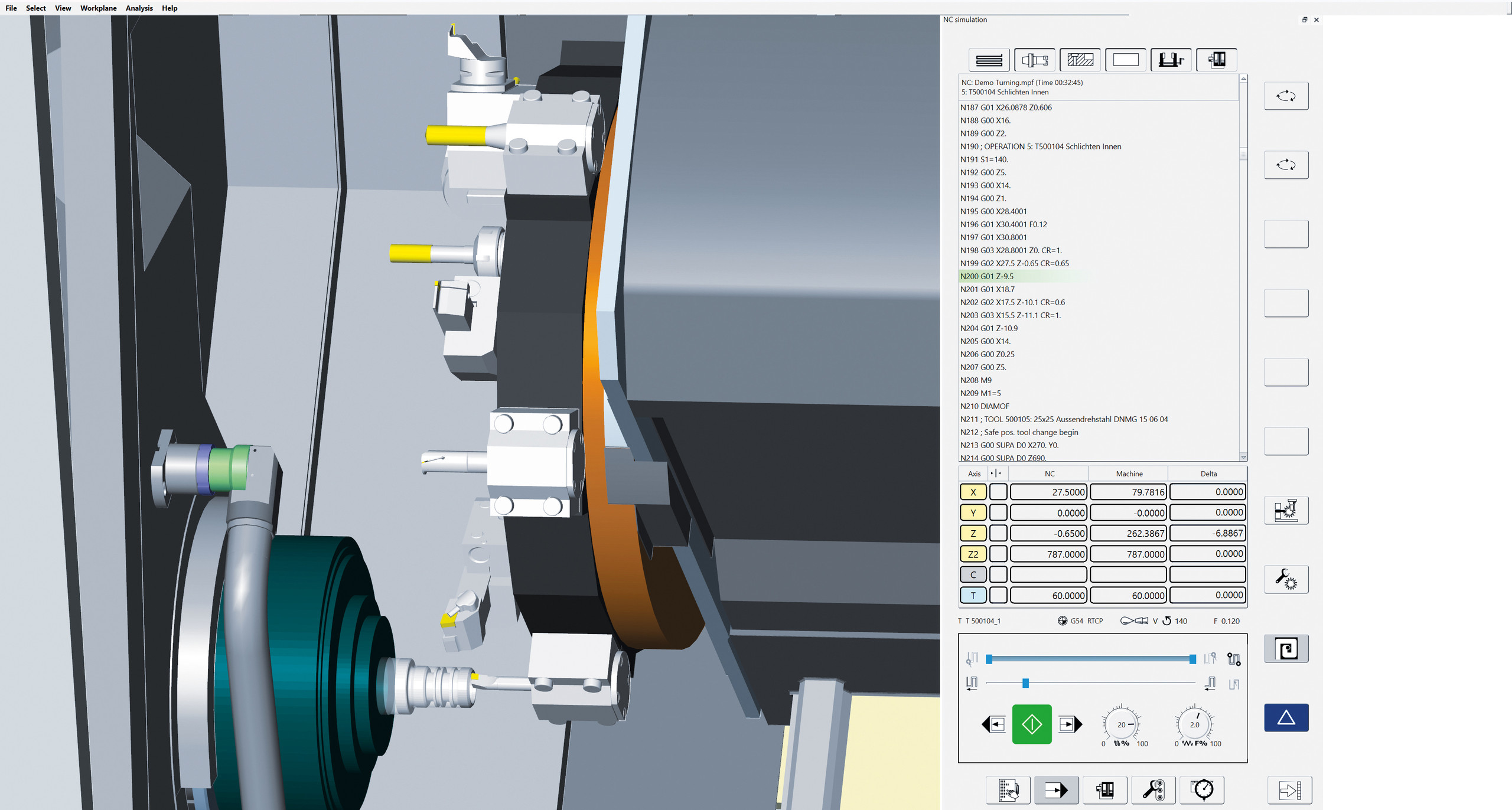 Maximale Prozesssicherheit: Die hyperMILL TURNING Solutions ermöglichen eine präzise Simulation und zuverlässige Kollisionsprüfung selbst bei hochkomplexen Revolverkonfigurationen. <p>Man sieht: Screenshot der hyperMILL-Softwareoberfläche. Links ist eine 3D-Simulation eines Werkzeugrevolvers bei der Bearbeitung eines Werkstücks zu sehen; rechts befindet sich ein Bedienpanel mit NC-Code-Zeilen, Achswerten und Steuerungselementen.<p>