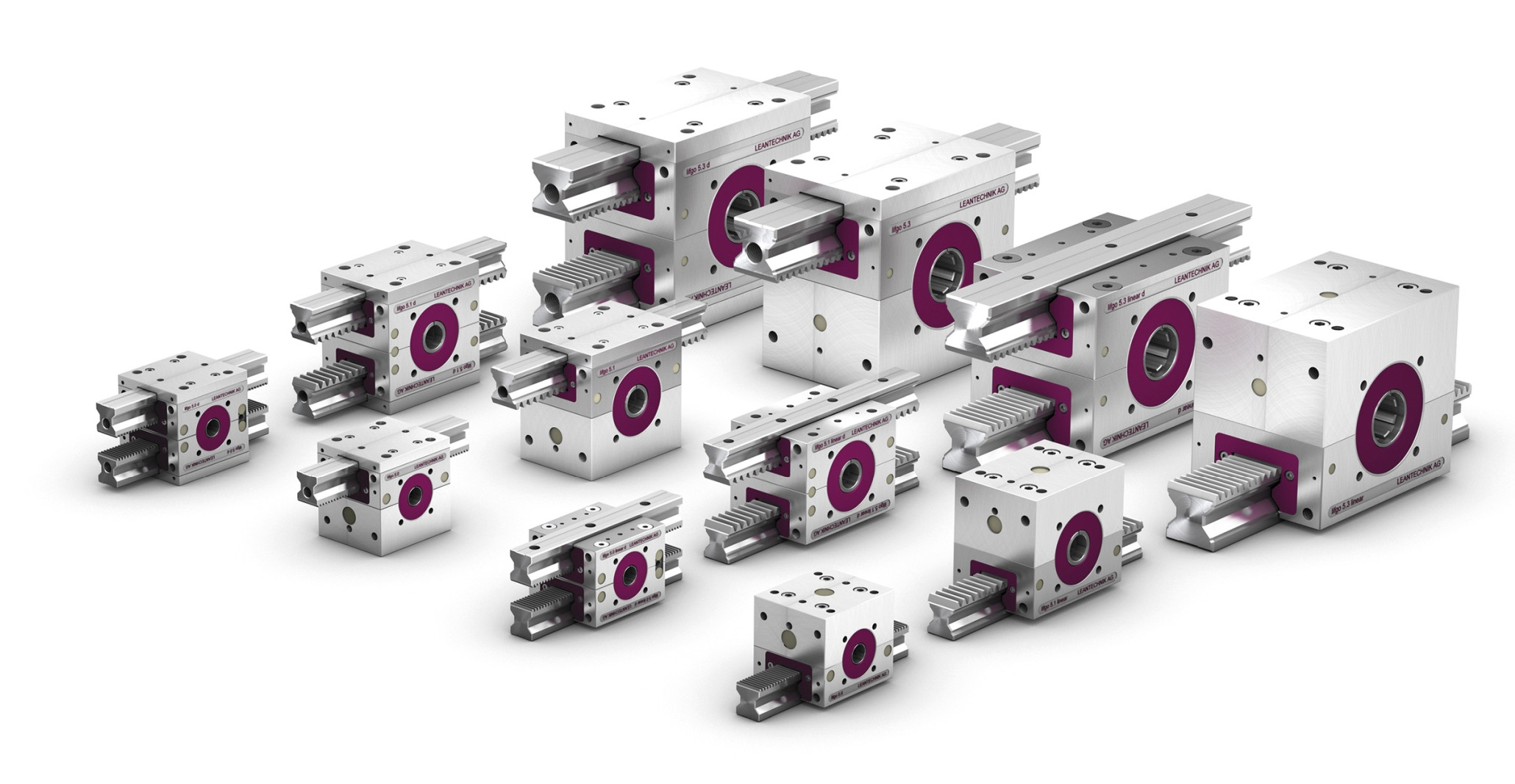 Zwölf Varianten von Lifgo-Zahnstangengetrieben vor weißem Hintergrund