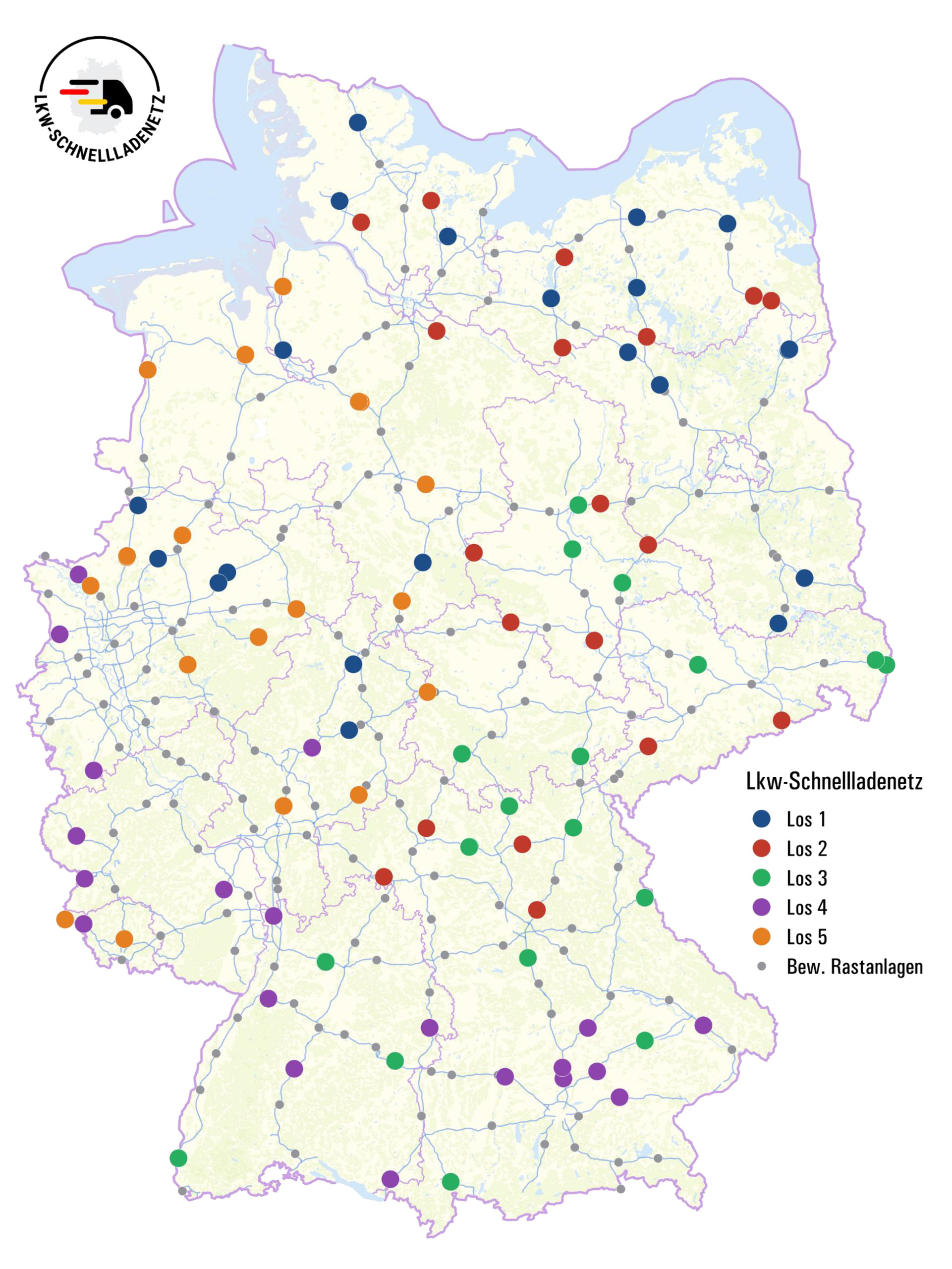 eine Deutschlandkarte mit den geplanten Standorten von Schnellladestationen für E-Lkw