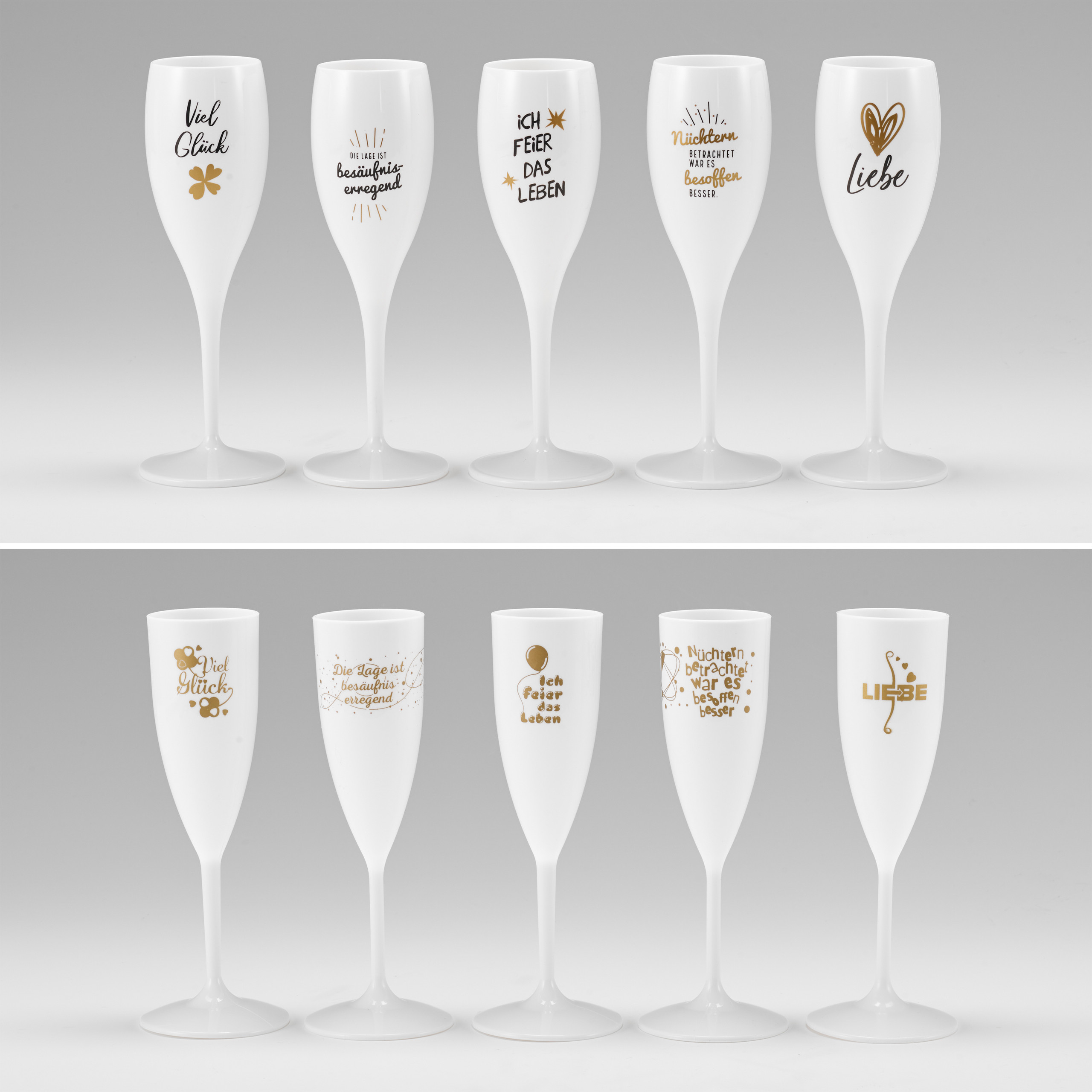 Das Bild zeigt die Original-Sektgläser von Koziol (oben) und die Kopien vom Discounter Norma (unten).