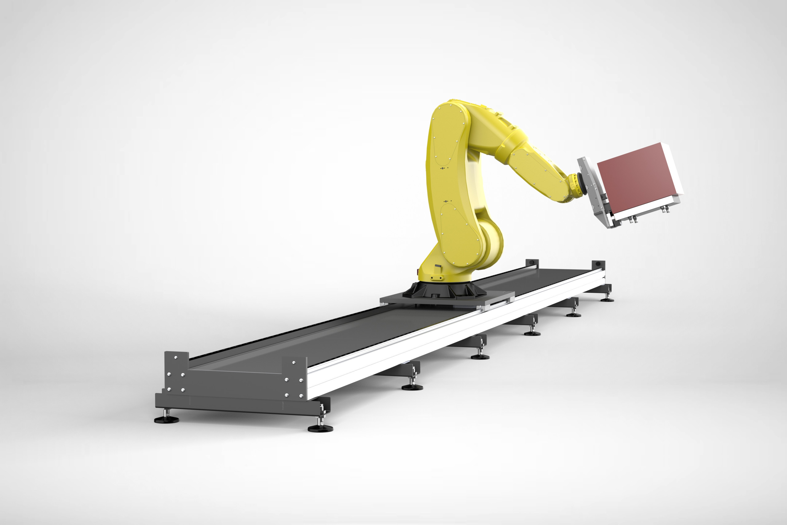 Die Aluminium-7.-Achse von Indunorm in Bodenmontage: Das modulare System ist herstellerunabhängig kompatibel und kann durch zusätzliche Segmente nachträglich verlängert werden. <p>Und hier sieht man eine längere modulare Linearachse (vermutlich die 7. Achse) in Bodenmontage mit Aluminiumprofilen und einstellbaren Füßen. - Auf dem verschiebbaren Schlitten ist ein gelber Knickarmroboter montiert (6‑Achser). - Am Roboterhals ist ein Greifer/Flansch mit einem rechteckigen Werkstück angebracht. - Aufbau zeigt das Prinzip: Roboter auf einer linearen Verfahrachse, dadurch Erweiterung des Arbeitsbereichs; geeignet, um mehrere Stationen mit einem Roboter zu bedienen. Kurze Bildunterschriften-Vorschläge: - „Bodenmontage: 7. Achse mit aufgesetztem Industrieroboter – größere Reichweite, weniger Roboter.“ - „Modulare Linearachse erweitert den Arbeitsbereich von Knickarmrobotern.<p>