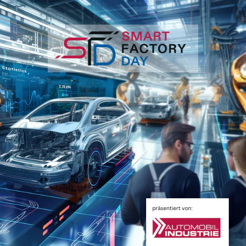 Keyvisual Smart Factory Day, Fahrzeugfabrik mit zwei Beschäftigten an einer Montagelinie