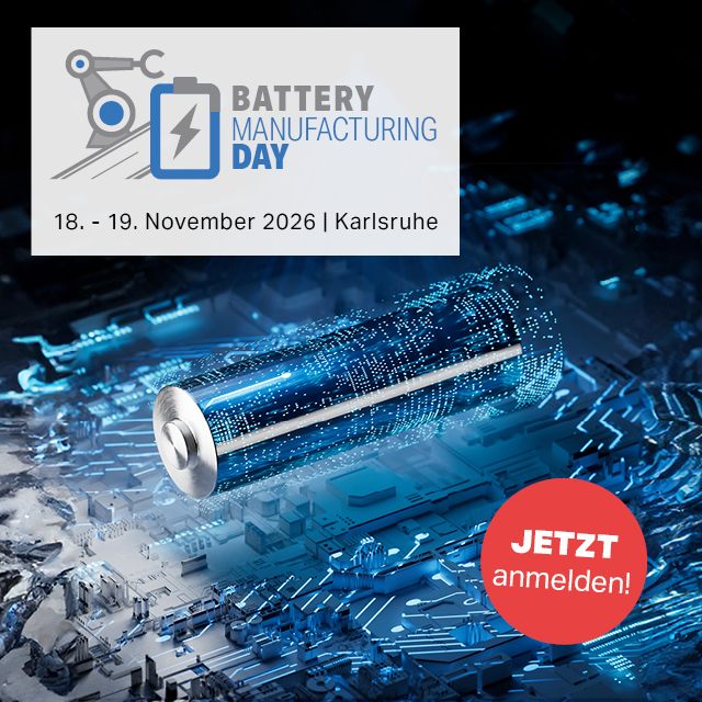 Battery Manufacturing Day 2026 Keyvisual mit Batterie und umgebender Elektronik