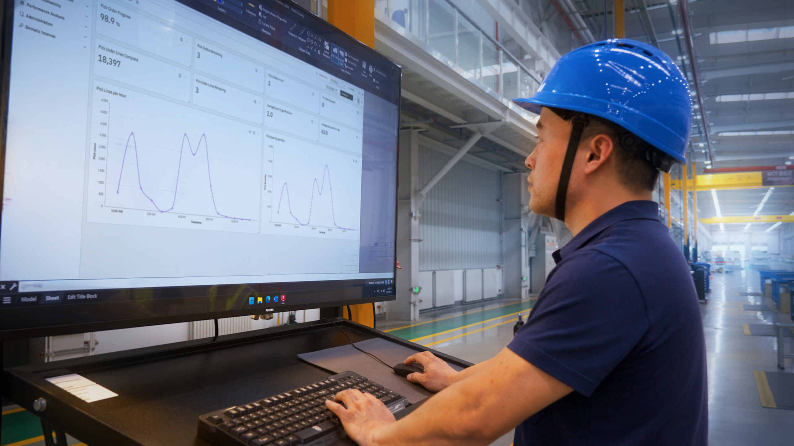 <p>Auf dem Bild: Ein Logistikmitarbeiter mit Schutzhelm betrachtet an einem Terminal direkt in der Lagerhalle ein Dashboard mit Leistungsdaten und Diagrammen zum Auftragsfortschritt.<p>