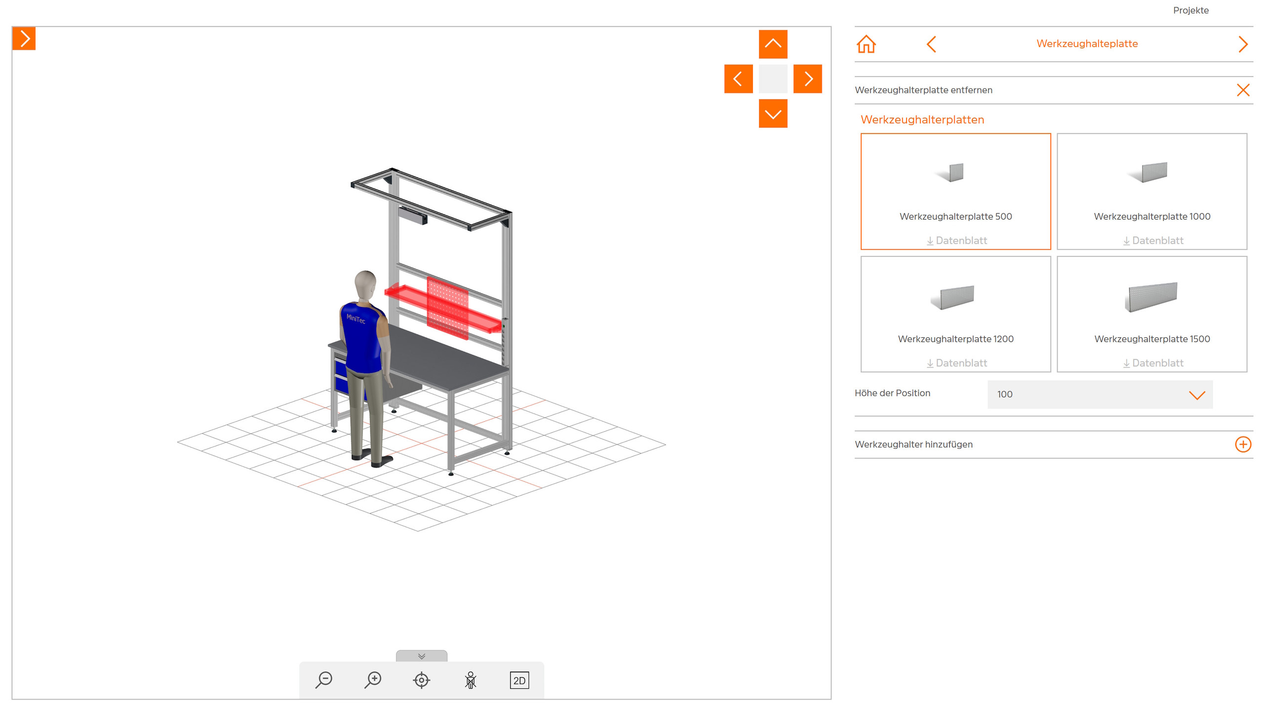 Screenshot des Konfigurators. Darauf sieht man die Simulation eines Menschen vor einem Arbeitsplatz.