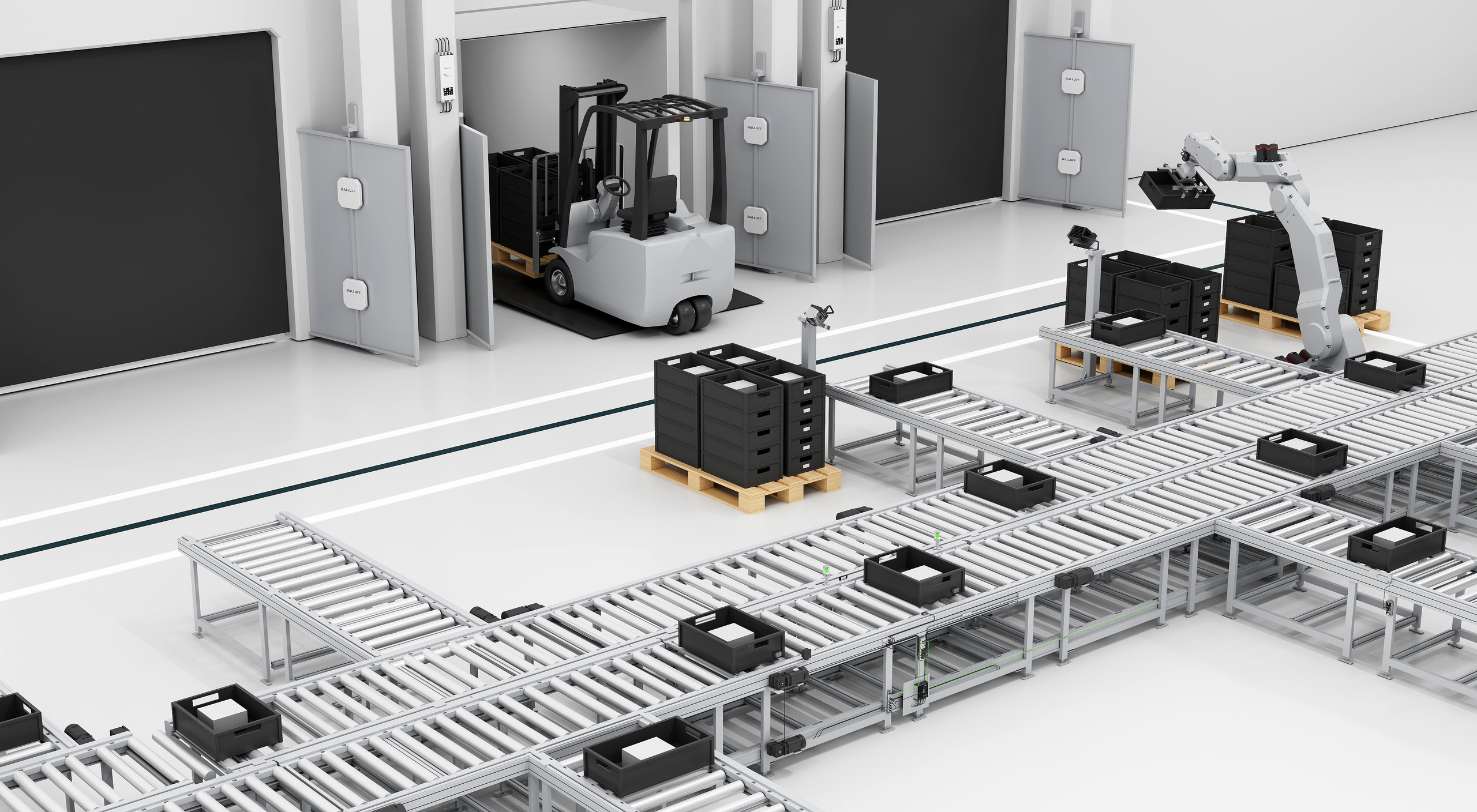 <p>Das Bild zeigt eine automatisierte Logistikumgebung mit mehreren Elementen. Im Vordergrund befindet sich ein Fördersystem mit Rollen, auf dem schwarze Kisten bewegt werden. Auf der linken Seite ist ein Gabelstapler zu sehen, der mit einer Palette von Kisten beladen ist und gerade eine Halle betritt. Auf der rechten Seite befindet sich ein Industrieroboterarm, der eine Kiste greift. Die gesamte Anordnung ist auf Effizienz und Automatisierung in einem Lager- oder Verteilungsszenario ausgelegt, mit klarer Integration von Fördertechnik und Robotik zur Unterstützung logistischer Prozesse.<p>