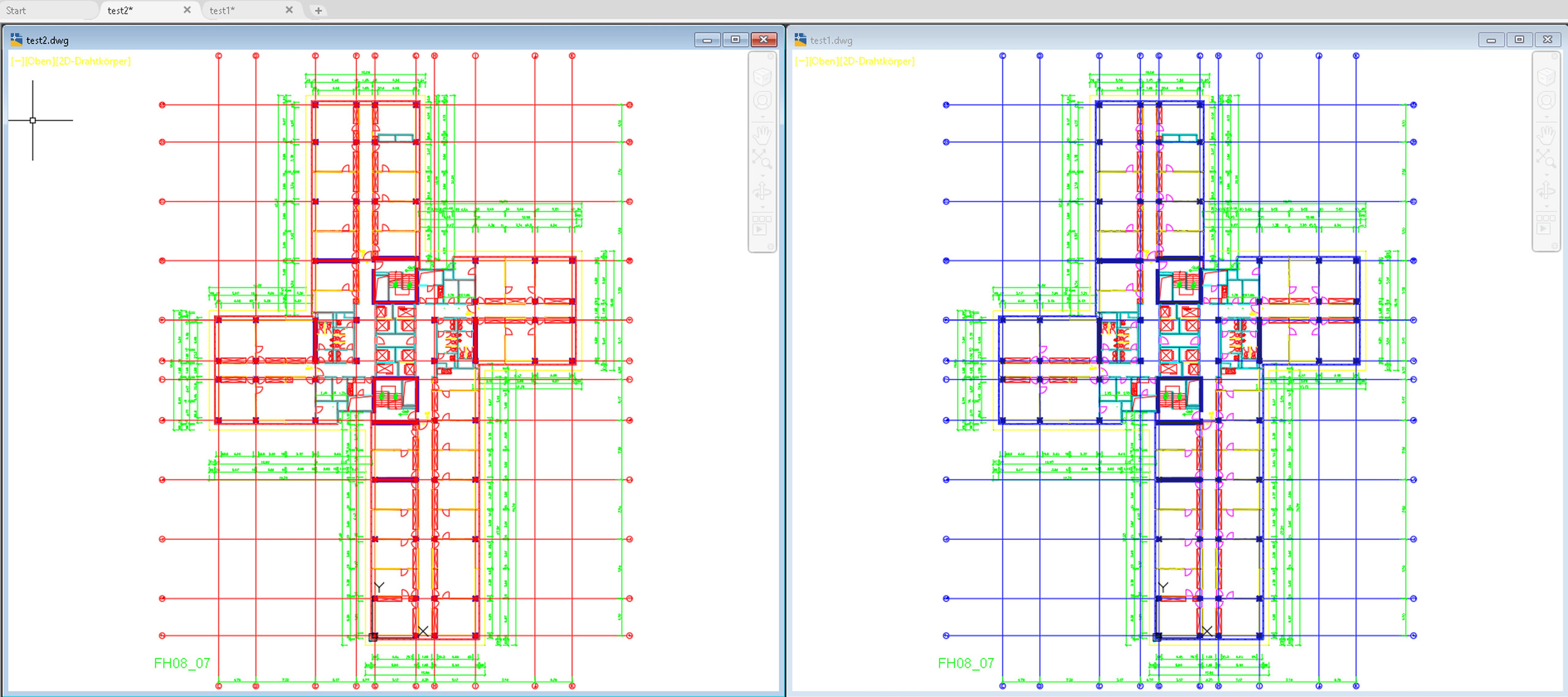 Bild 10: Dieselbe DWG als XRef hinterlegt, links mit XREFOVERRIDE = 1 und rechts mit 0.