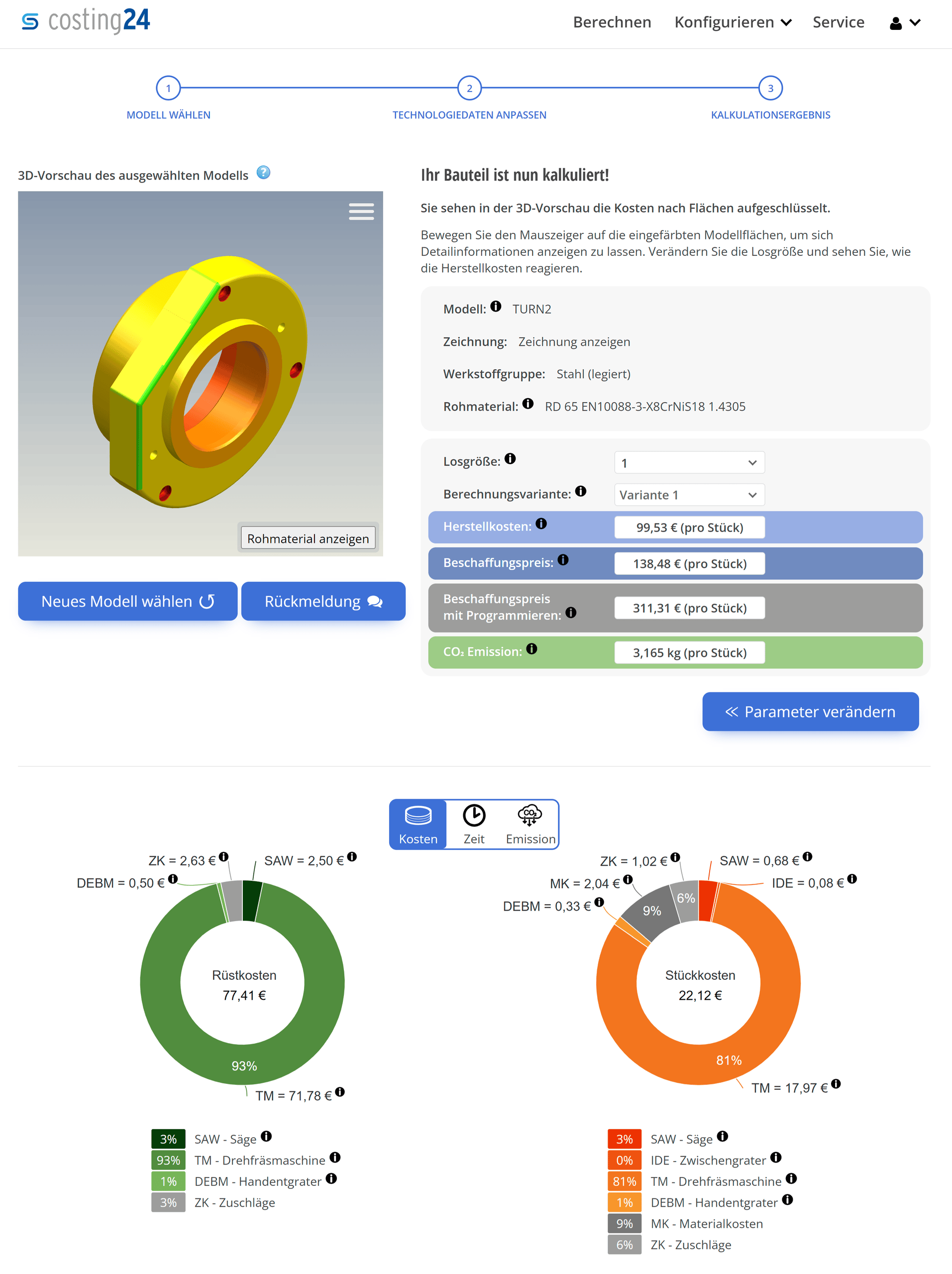 <p>Das Bild zeigt die Benutzeroberfläche von Costing24 mit einer 3D-Vorschau des Bauteils TURN2 aus legiertem Stahl. Es listet die Herstellkosten von 99,53 € pro Stück sowie CO₂-Emissionen von 3,165 kg auf. Zwei Diagramme verdeutlichen die Kostenstruktur: Die Rüstkosten werden hauptsächlich durch die Drehfräsmaschine bestimmt, während die Stückkosten ebenfalls überwiegend von dieser Maschine beeinflusst werden.<p>