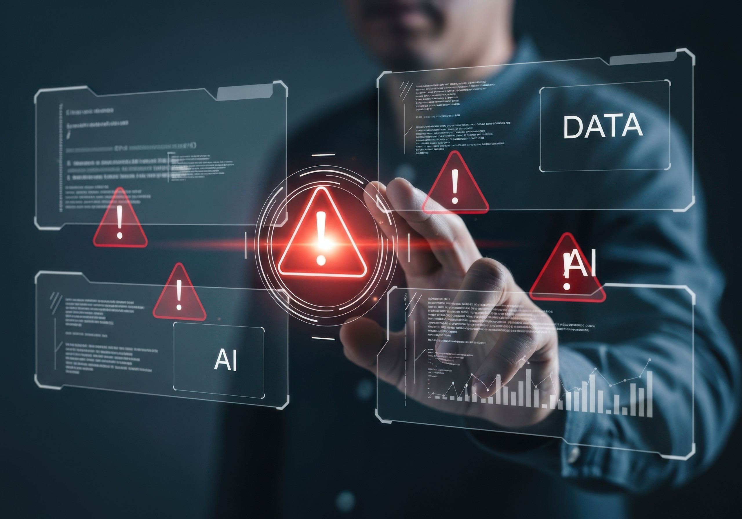 <p>Auf dem Bild sieht man eine Person, die mit einem digitalen Interface interagiert. Vor ihnen sind verschiedene Bildschirm-Elemente dargestellt, die Warnsymbole mit Ausrufezeichen zeigen, sowie Begriffe wie „DATA“ und „AI“. Diese Elemente suggerieren eine Analyse oder Überwachung von Daten und Künstlicher Intelligenz. Der Hintergrund ist dunkel, was den Fokus auf die digitalen Informationen und die Aktion der Person legt.<p>