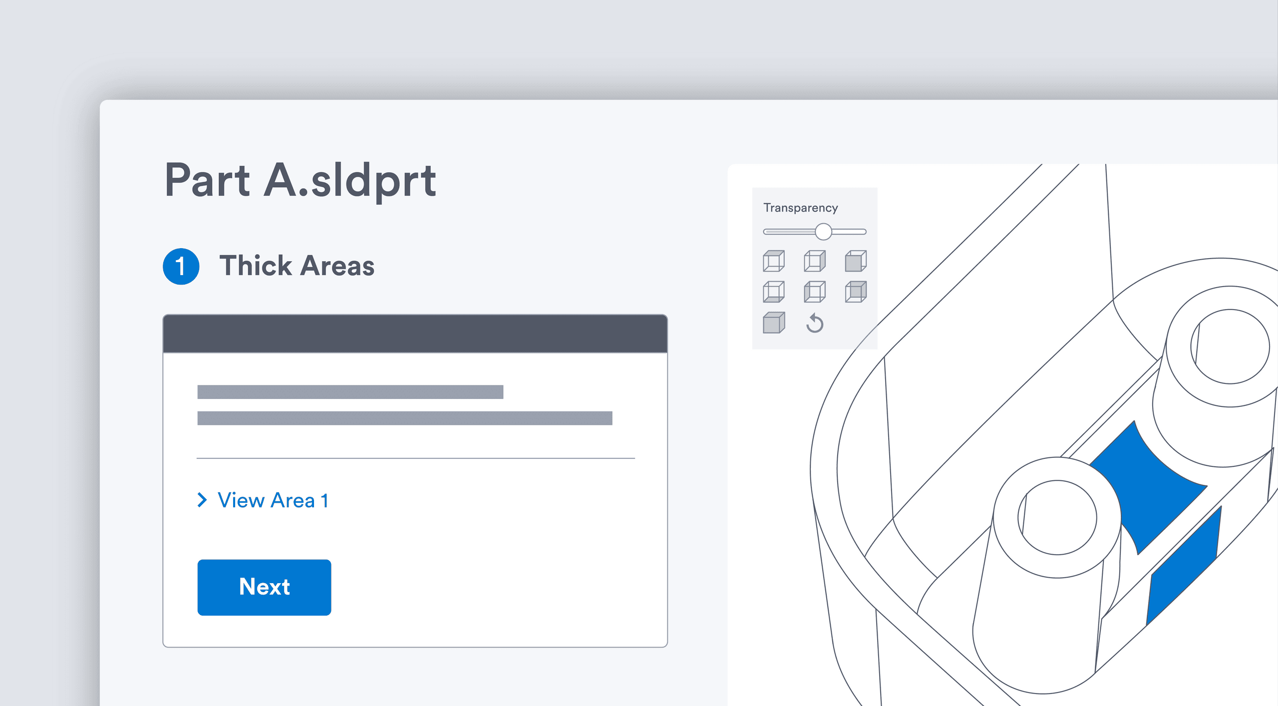 Protolabs ProDesk zeigt die KI-gestützte DfM-/Machbarkeitsanalyse: Die Plattform liefert Echtzeit-Feedback zu Bauteilen und unterstützt Angebote sowie Zusammenarbeit – vom Prototyping bis zur Produktion. <p>Man sieht einen Screenshot einer DFM-/CAD-Analyse in einer Softwareoberfläche: links den Dateinamen „Part A.sldprt“ und den Prüfschritt „1 Thick Areas“ (Hinweis auf zu dicke Wandbereiche) darunter ein Panel mit „View Area 1“ und einem „Next“-Button rechts eine 3D-/Skizzenansicht eines Bauteils, bei der bestimmte Bereiche blau markiert sind (die erkannten „thick areas“) oben rechts ein kleines Toolfenster mit „Transparency“-Regler und Ansichts-/Darstellungsicons.<p>