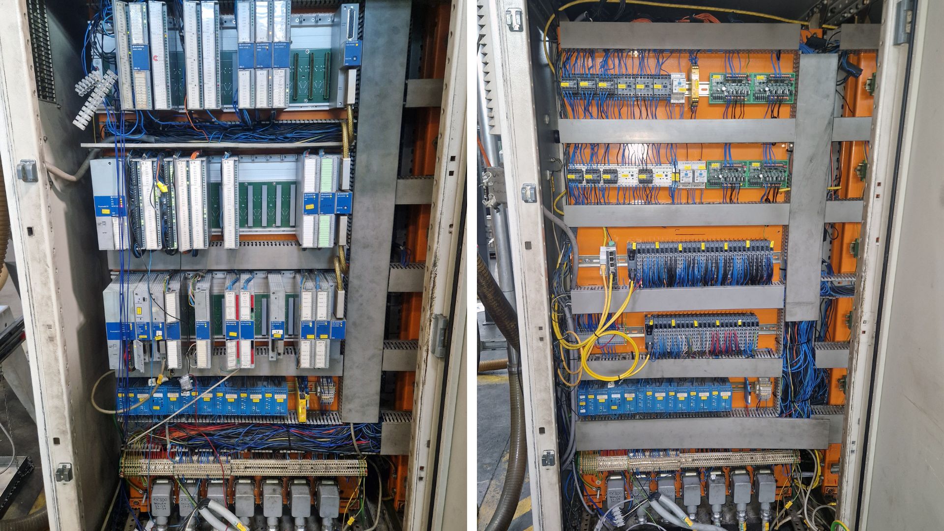 Der Schaltschrank einer Spritzgießgroßmaschine mit Baujahr 1989 vor dem Retrofit (links) und nach dem Umbau auf eine Unilog B8 Steuerung (rechts).