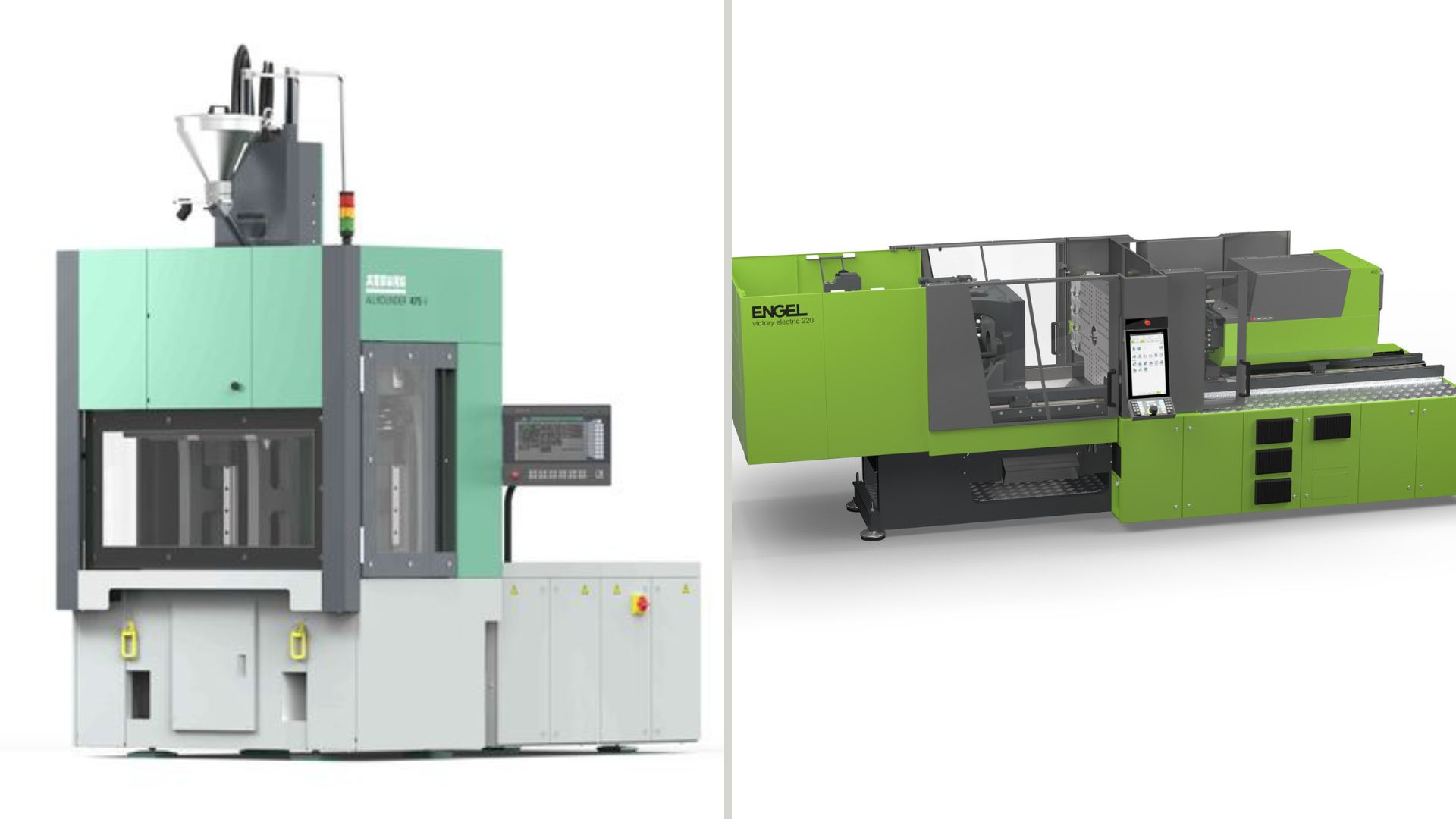 Das Bild zeigt Vertikalmaschine Allrounder 475 V von Arburg (links) und eine holmlose elektrische Engel Victory Electric 220 mit 2.200 kN Schließkraft (rechts).