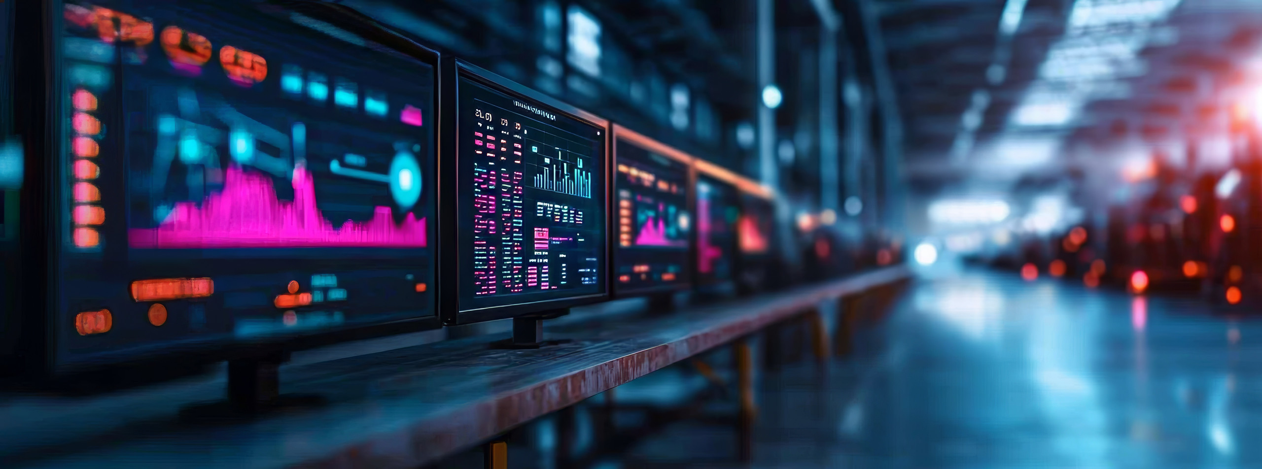 <p>Reihe von Monitoren mit leuchtenden Dashboards in einer Fabrikhalle. Anzeigen mit Balken, Kurven und Kennzahlen visualisieren Leistung und Status. Der Hintergrund ist unscharf, der Fokus liegt auf den Daten. Ergebnis: Echtzeitüberwachung der Produktion und schnelle Erkennung von Abweichungen und Engpässen.<p>