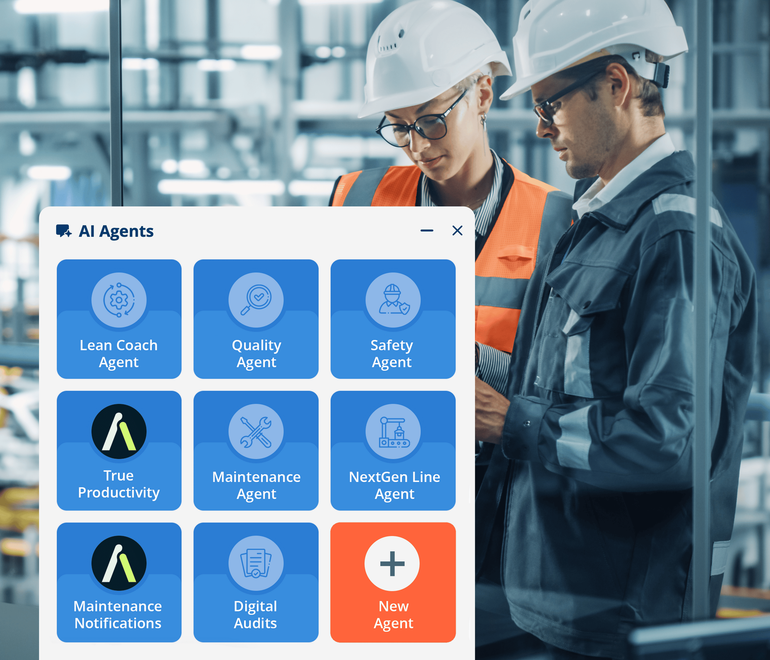Das vollständige Bild des Aufmachers. Im Hintergrund eine Frau und ein Mann mit Brille und Helm. Bild im Bild: Beispiele für KI-Agenten.