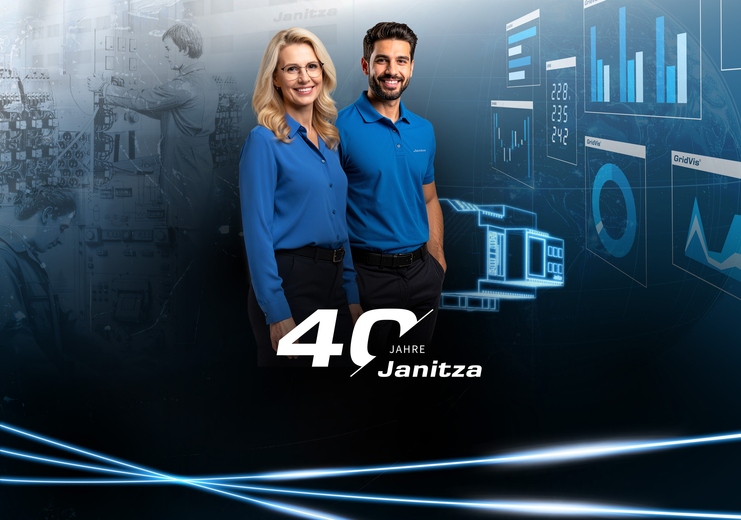 <p>Man sieht: Das Keyvisual zum 40-jährigen Jubiläum von Janitza zeigt eine Frau und einen Mann in blauer Janitza-Firmenkleidung, die selbstbewusst in die Kamera lächeln. In der Bildmitte prangt das Logo „40 Jahre Janitza“. Der Hintergrund ist zweigeteilt: Links sind schemenhaft historische technische Zeichnungen und Werkstattszenen zu sehen, rechts moderne digitale Dashboards mit Diagrammen, Datenanalysen und eine 3D-Grafik eines Messgeräts. Das Design verdeutlicht den Wandel von den Anfängen zur digitalisierten Zukunftsfabrik.<p>
